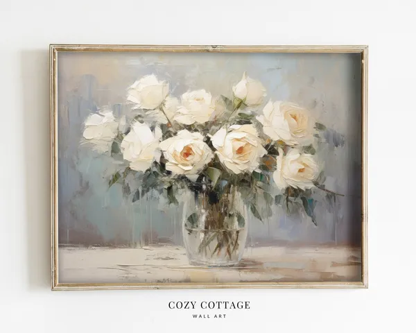 White Roses In Glass Vase, Vintage Still Life Art Print