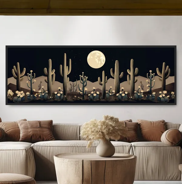 Cactus Full Moon Desert Landscape, Boho Art Print