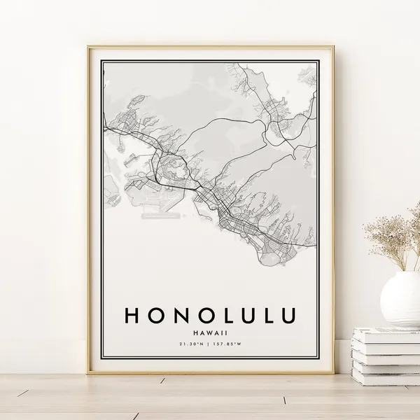 Honolulu Map Print, Hawaii Modern Travel Poster