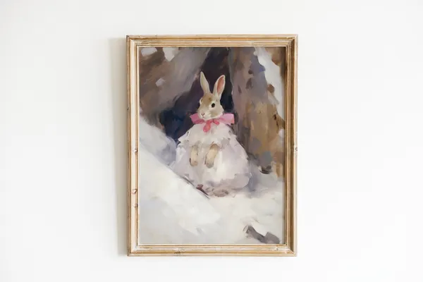 Vintage Bunny Painting Nursery Wall Art, Cottagecore