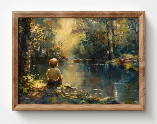 Boy By Pond Vintage Nature Art Print, Boys Nursery Decor