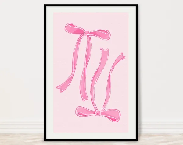 Coquette Pink Bows Watercolor Art Print, Girly Decor