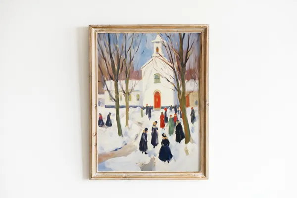 Antique Snowy Village Painting, Rustic Winter Cabin Art