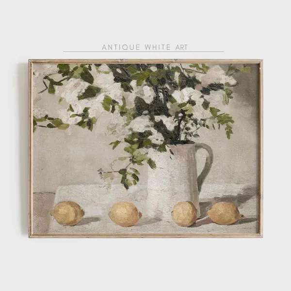 Vintage Kitchen Still Life Painting, Neutral Floral Art Print
