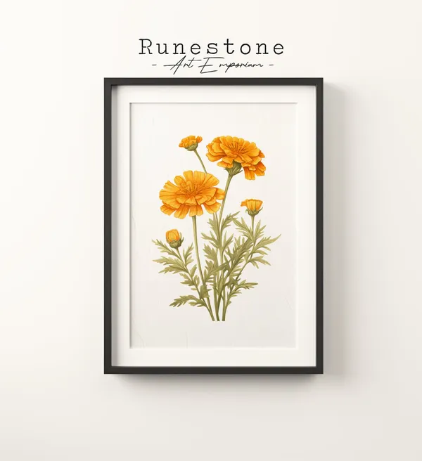 Vintage Marigold Flowers Sketch Boho Wall Art Print