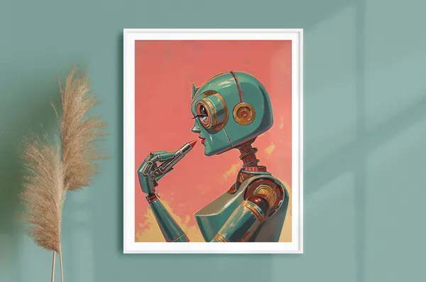 Vintage Robot Woman Applying Lipstick Art Print