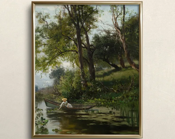 Woman in a Row Boat, Vintage Spring Pond Art Print