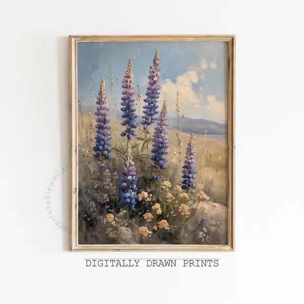 Wildflower Field Landscape Art Print, Vintage Floral Farmhouse