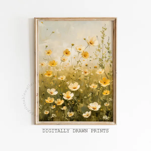 Wildflower Field Landscape, Vintage Floral Farmhouse