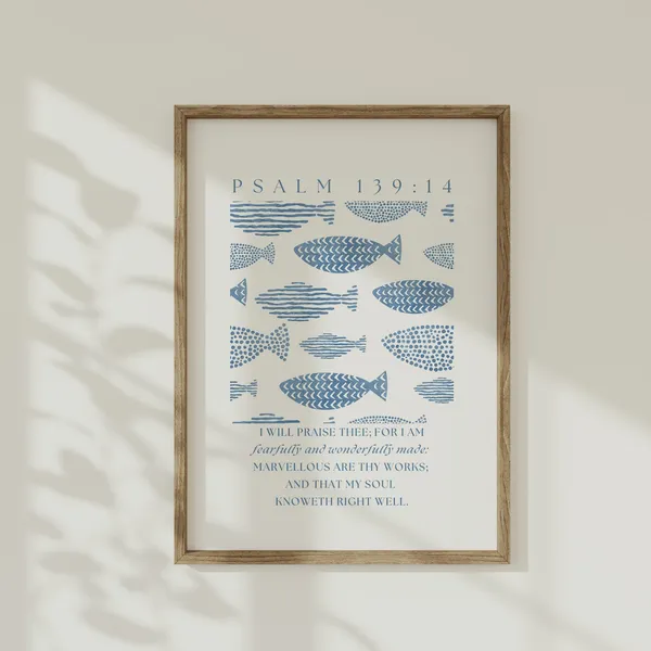 Psalm 139:14 Boys Nursery, Nautical Bible Verse Art Print