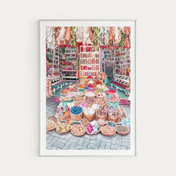Marrakech Spice Shop Travel Poster, Morocco Cityscape