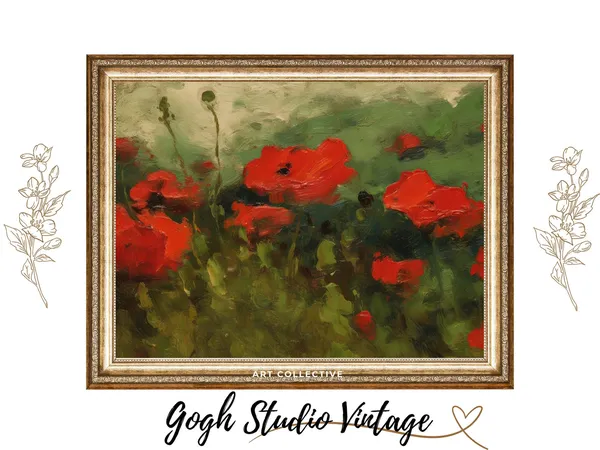 Abstract Red Poppies, Vintage Landscape Art Print