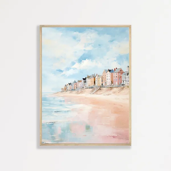 Pastel Beach Coastal Town Seascape, Vintage Poster