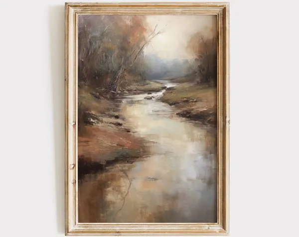 Vintage Muted River Landscape, Neutral Nature Art Print