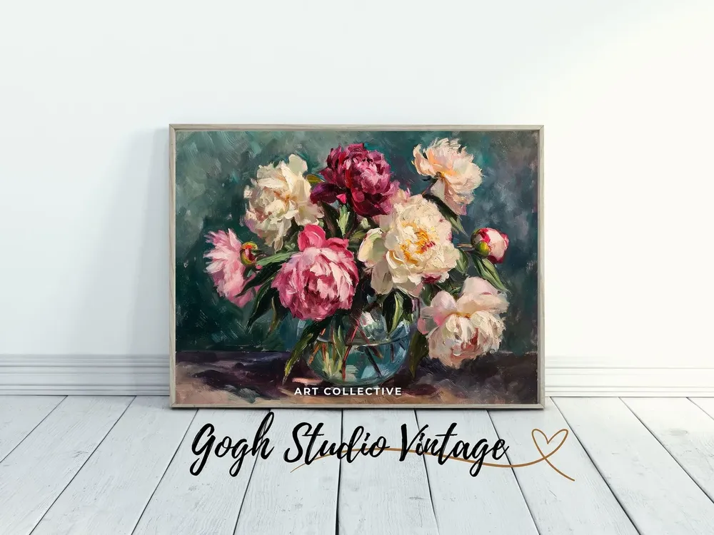 Peonies Of Vase Vintage Peony Still Life Art Print - Image 3