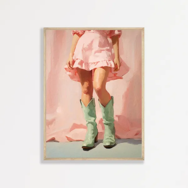 Cowgirl Boots Retro Western Art Print, Sage Green