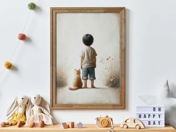 Boy Cat Print, Floral Nursery Decor Art Print