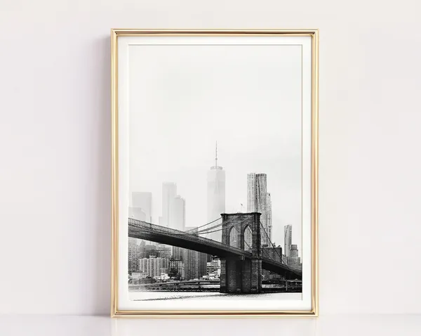 New York City Black and White Travel Poster, Brooklyn Bridge