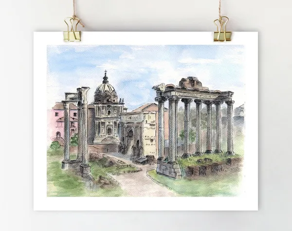 Roman Forum Watercolor Print, Rome Architecture Sketch