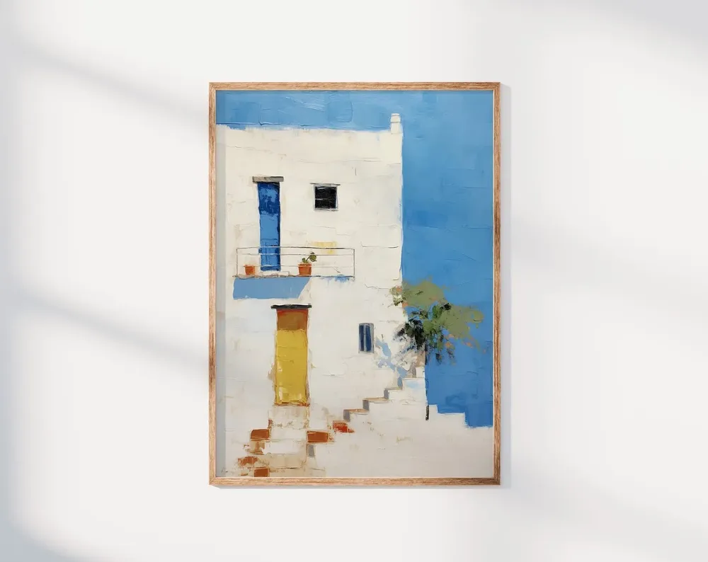 Island House Oil Painting, Greek Island Coastal Art Print