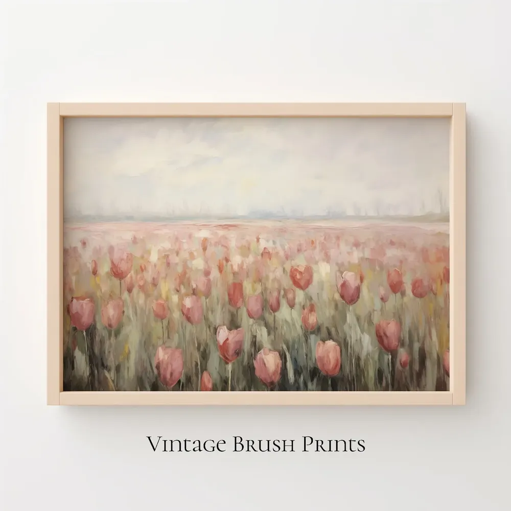 Vintage Tulip Field Painting Retro Spring Landscape
