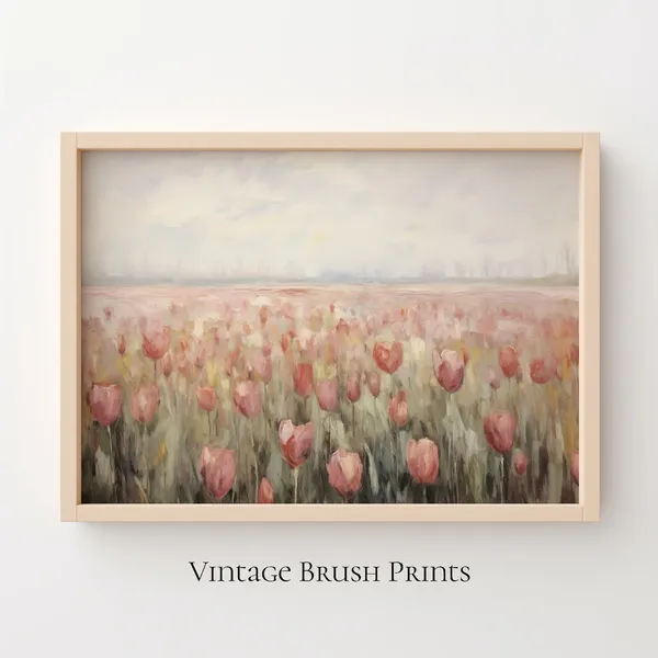 Vintage Tulip Field Painting Retro Spring Landscape