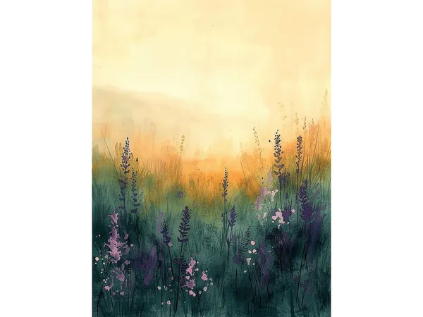Meadow Sunset Watercolor Art Print, Rustic Floral