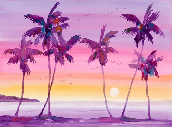 Key West Sunset Beach Watercolor, Tropical Art Print