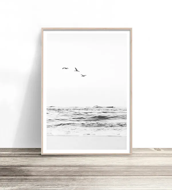 Black and White Beach Ocean Photography Art Print