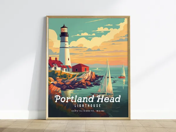 Portland Lighthouse Poster, Maine Coastal Art Print