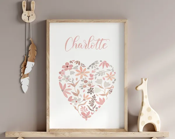 Boho Flower Heart Custom Baby Name Nursery Poster