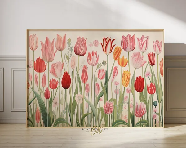 Tulips Retro Tulip Field Art Print, Floral Illustration