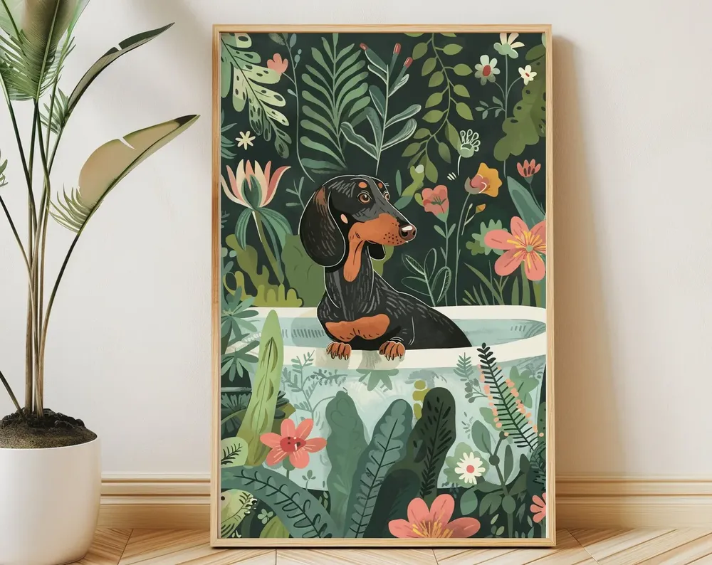 Dachshund Boho Jungle Bathtub Art Print