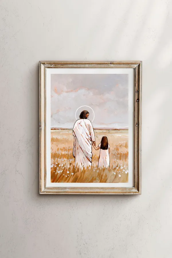 Christ Walking With Girl and Children, Art Print