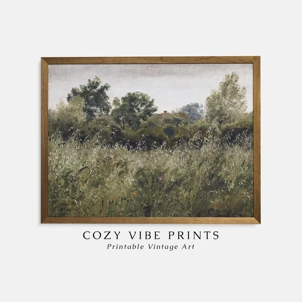 Meadow Landscape Painting, Vintage Farmhouse Art Print