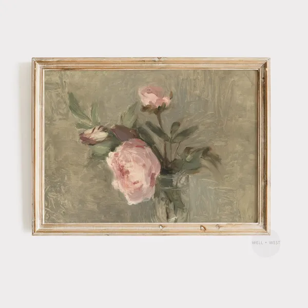 Vintage Pink Peony Flower Art Print, Pastel Botanical