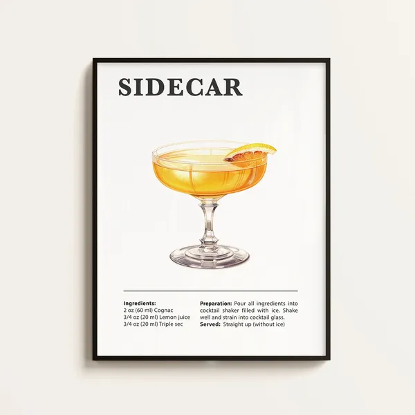 Sidecar Cocktail Recipe Poster Print, Bar Kitchen