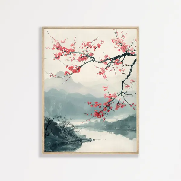 Japanese Floral Painting, Japandi Retro Art Print