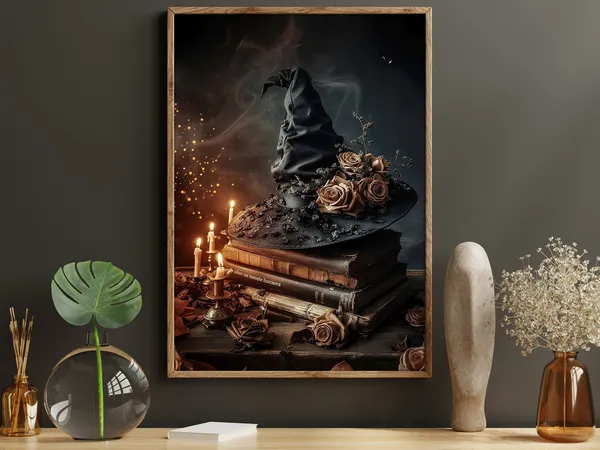 Surreal Witch Hat and Magical Books Art Print, Halloween
