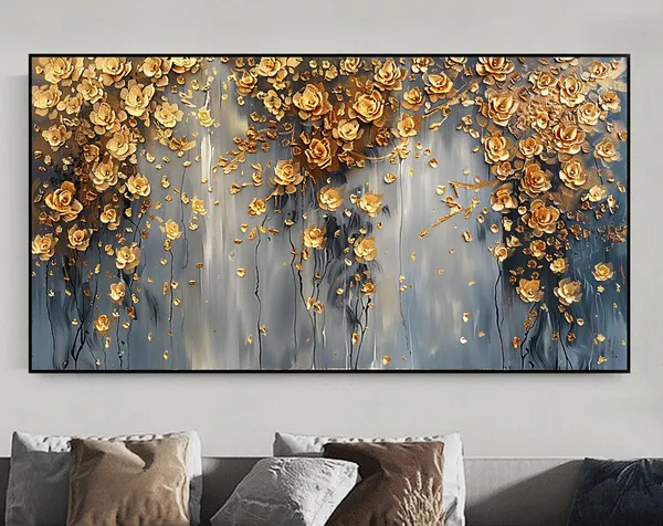Custom Abstract Gold Flower Oil Painting, Boho Art Print