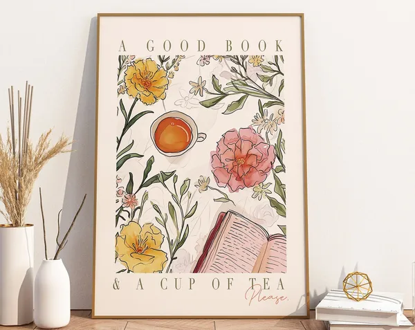 Book And Tea Lover Quote Print, Watercolor Flowers