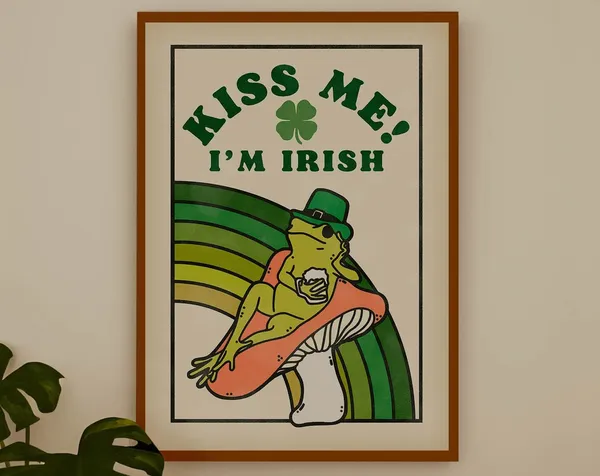 Kiss Me I'm Irish Frog Poster, Retro Cottagecore