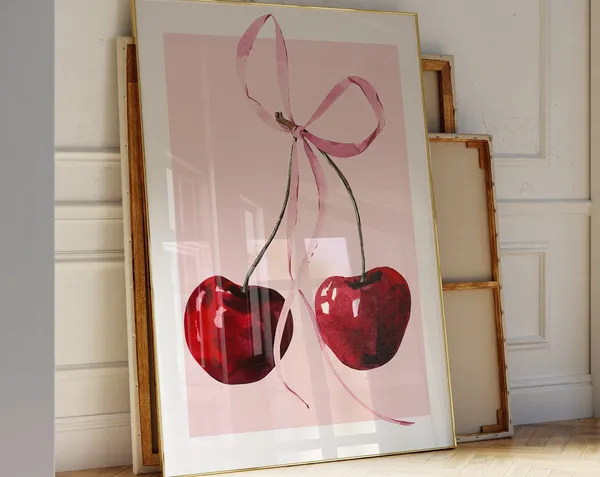 Pink Bow and Red Cherry Watercolor Art Print