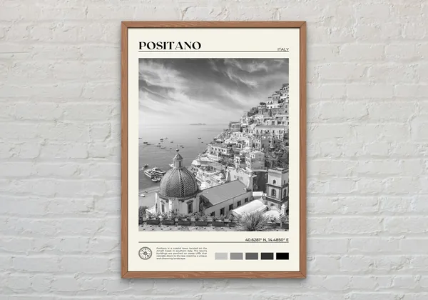 Black and White Positano, Amalfi Italy Travel Poster