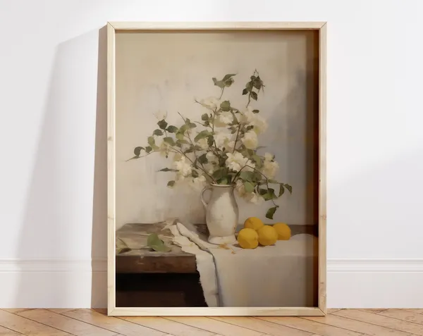 White Flower Vase Lemon Vintage Farmhouse Art Print