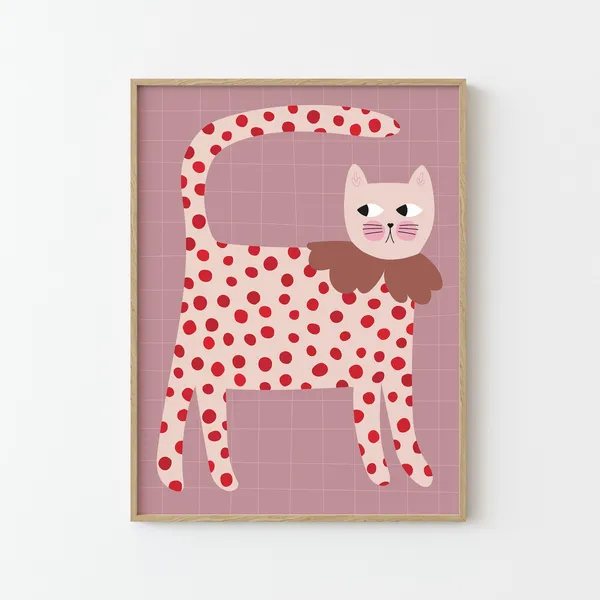 Cat Print Red Polka Dots Poster for Kids Room