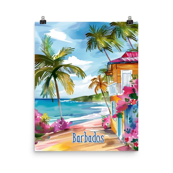 Barbados Watercolor Travel Poster, Caribbean Island Art