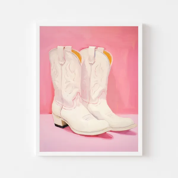 White Cowgirl Boots Painting, Pink Western Room Art Print