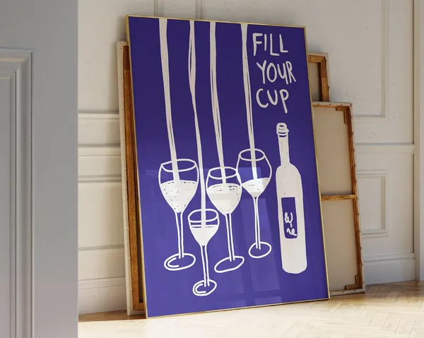 Fill Your Cup Kitchen Print, Mid-Century Bar Cart
