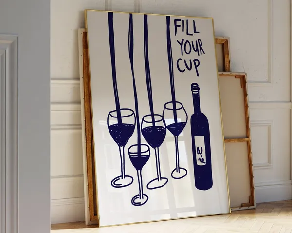Navy Wine Kitchen Vintage Drinks Art Print